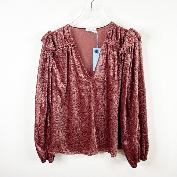 NWT Tanya Taylor Lucy Velvet Burnout Ruffle Blouse M Pink - Picture 2 of 7